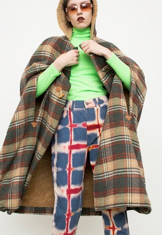 VINTAGE LONG CAPE BROWN CHECK OUTERWEAR JACKET WINTER