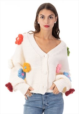 Chunky Handknit Floral Patten Cardigan in Cream white