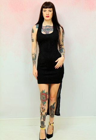 1990S VINTAGE BLACK AND SILVER SHIMMER DIP HEM DRESS