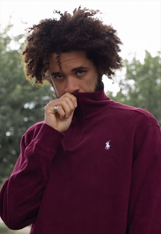 VINTAGE 90S POLO RALPH LAUREN QUARTER ZIP JUMPER IN BURGUNDY