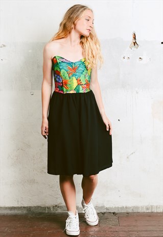 VINTAGE 80S STRAPLESS CORSET FLORAL MIDI DRESS