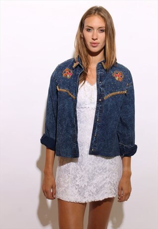 VINTAGE 1980'S 80'S STUD RHINESTONE ACID WASH DENIM TOP L-XL