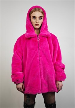 Neon pink fur jacket soft fleece rave coat bright festival 