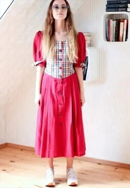 Cherry red checked belted vintage midi dress