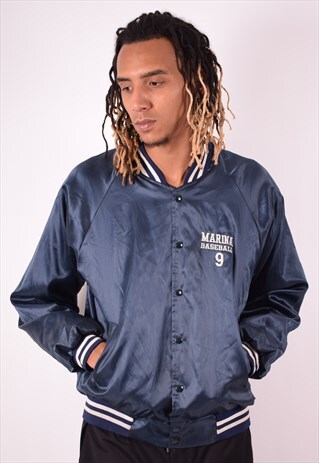 MENS VINTAGE BOMBER JACKET LARGE NAVY BLUE 90S