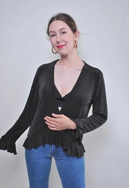 Vintage grey long sleeve blouse, 90s casual women shirt