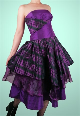 Vintage 90's Whimsy Goth Fairy Prom Maxi Dress Plaid Purple