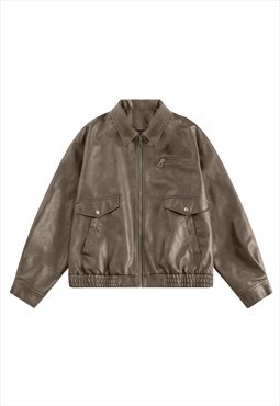 Faux leather racing jacket retro biker jacket oil wash brown