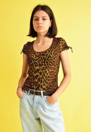 90'S RETRO KITSCH LEOPARD PRINT SHEER MESH BLOUSE TOP