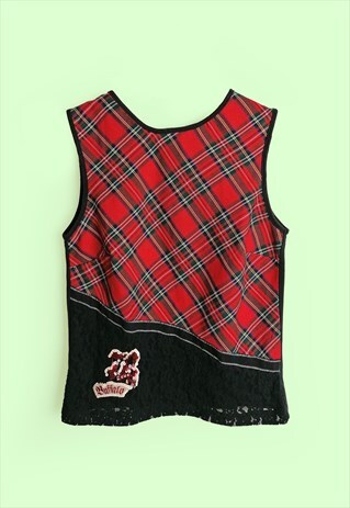 Y2K BUFFALO TANK TOP TARTAN PLAID BLACK LACE