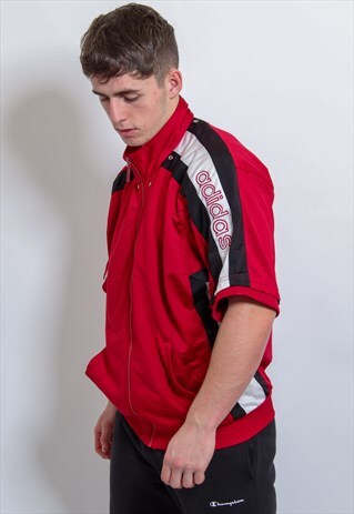 VINTAGE ADIDAS LOGO SHORT SLEEVE JACKET IN RED MEDIUM