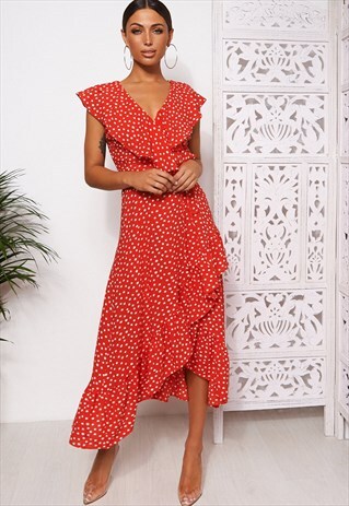MICA RED POLKA DOT FRILL WRAP MIDI DRESS
