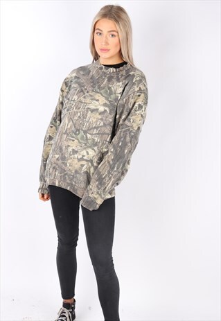VINTAGE CREW NECK CAMO KHAKI SWEATSHIRT JUMPER OVERSIZED M/L