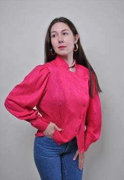 80s puff sleeve blouse, vintage pink evening shirt