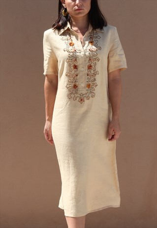 SAND BEIGE PURE LINEN EMBELLISHED TUNIC SHIRT DRESS