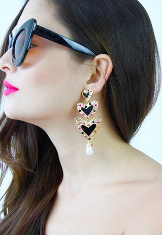 BLACK MULTI COLOUR DIAMANTE PEARL DROP DANGLE EARRINGS