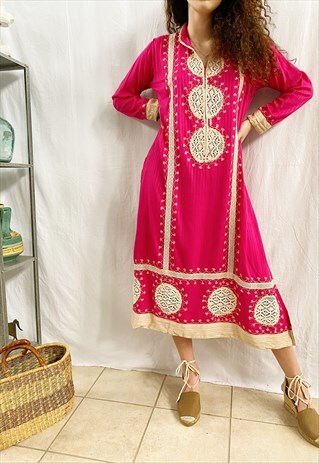 VINTAGE 90S PINK BOHO EMBROIDERED INDIAN SARI DRESS TUNIC
