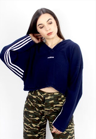 90'S RARE RETRO NAVY RIBBED HOODED SWEATSHIRT