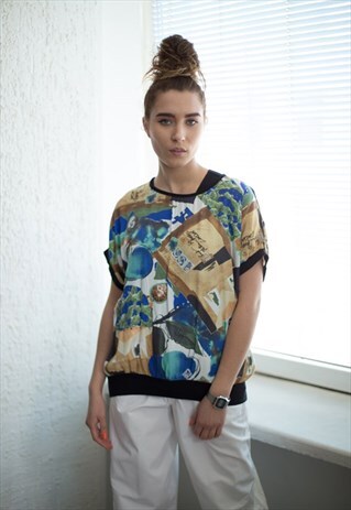 VINTAGE 80'S MULTICOLOUR FLOWER PATTERNED SHORT SLEEVED TOP