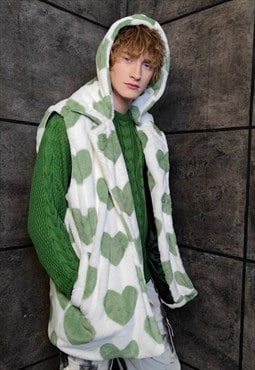 Heart fleece gilet handmade sleeveless hood jacket green