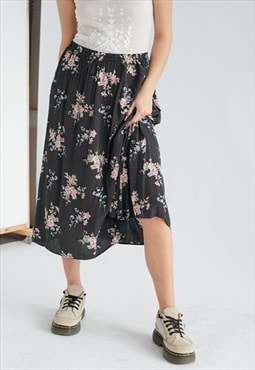 Vintage 80s Pleated Light Floral Midi Skirt in Black M