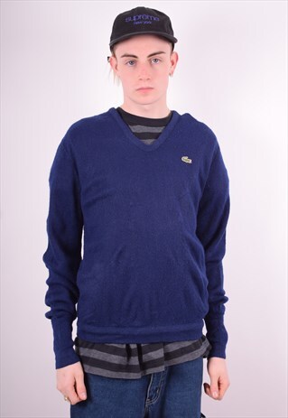 LACOSTE MENS VINTAGE JUMPER SWEATER MEDIUM NAVY BLUE 90'S