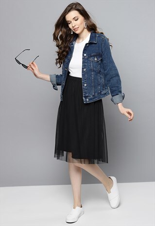 MESH KNEE LENGTH FRILL SKIRT IN BLACK
