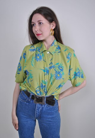 90S GREEN FLORAL SHIRT, VINTAGE SHORT SLEEVE SUMMER BLOUSE