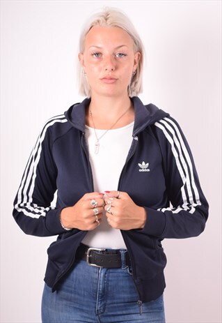 ADIDAS WOMENS VINTAGE HOODIE JACKET LARGE NAVY BLUE 90S