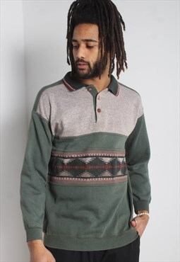 Vintage 80's Collared Patterned Grandad Sweatshirt - Multi