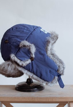 Vintage 90s Grunge Faux Fur Aviator Hat in Blue