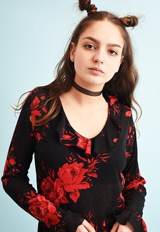 Y2K FLORAL PRINT SHEER MESH RUFFLE PARTY TEEN KITSCH TOP