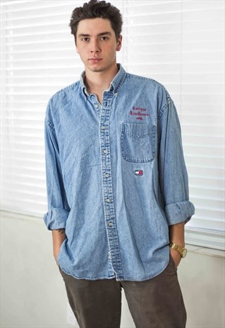 VINTAGE TOMMY HILFIGER SHIRT DENIM LOGO 90S L 20.5