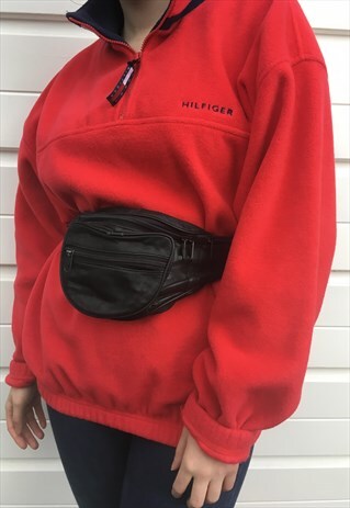 WOMENS VINTAGE 80S 90S BLACK LEATHER BUMBAG FESTIVAL BAG