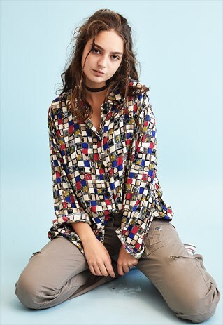 80'S RETRO CHECKED PRINT OVERSIZED SHIRT TOP
