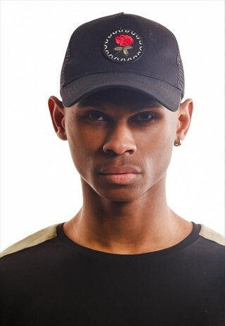 BASEBALL CAP BLACK WITH RED FLOWER PATCH