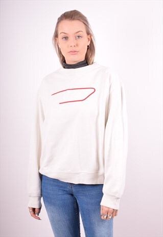 DIESEL WOMENS VINTAGE SWEATSHIRT JUMPER LARGE WHITE 90S
