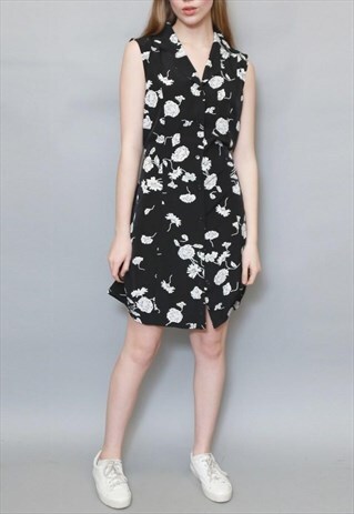 VINTAGE 1990'S BLACK AND WHITE FLORAL MINI DRESS