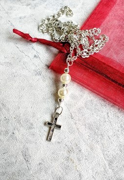 Handmade Traditional Cross Faux Pearl Necklace 24"