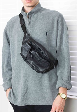 VINTAGE BLACK CROSS BODY BUM BAG LOGO 90S X 8.6