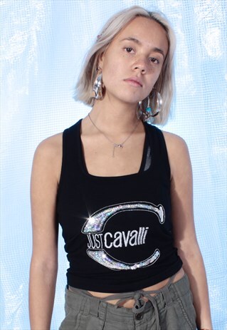 VINTAGE JUST CAVALLI BLACK AND SILVER VEST TOP