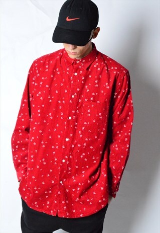 VINTAGE 90S RED FLOWER CORDUROY LONG SLEEVE SHIRT