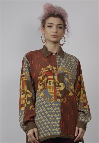 VINTAGE 90'S BROWN SCARF PRINT DETAIL SHIRT