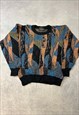 VINTAGE KNITTED JUMPER ABSTRACT PATTERNED GRANDAD SWEATER