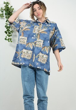 Vintage 90s Hawaiian Shirt Blue Pattern