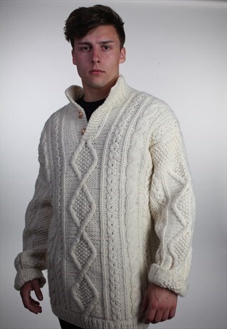 MENS ARAN VINTAGE FISHERMANS JUMPER LARGE WOOL CABLE KNIT