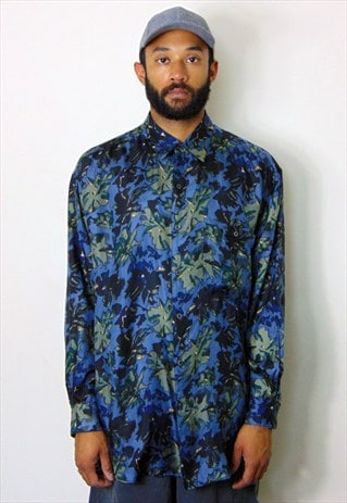 90S CLASSIC PALM LEAF FLORAL SILK PATTERN SHIRT LARGE