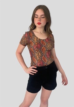 90's Vintage Faux Snake Faux Leather Short Sleeve Body Top