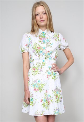 VINTAGE 70'S BLUE BUTTONED FLORAL MIDI SHIRT DRESS