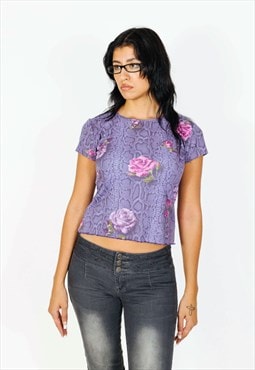 Vintage 90s Floral And Snake Print Mesh Top With Ruffles